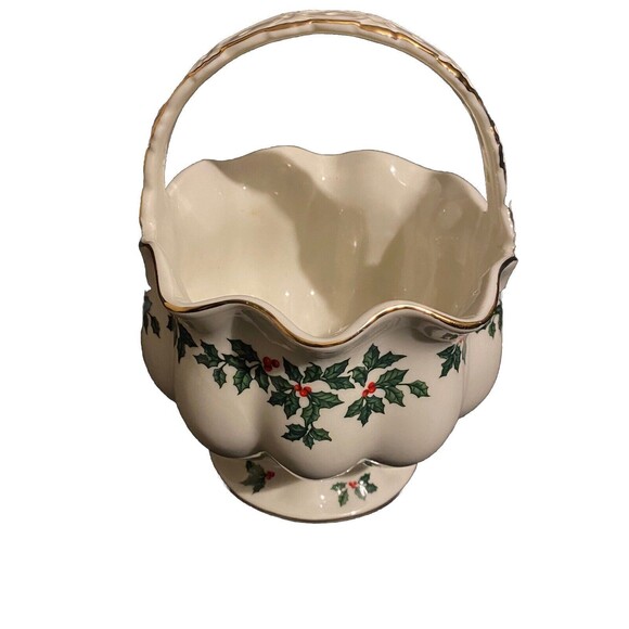 Madison and Max Christmas Holly Berry Porcelain basket candy dish 8" tall - Picture 3 of 9